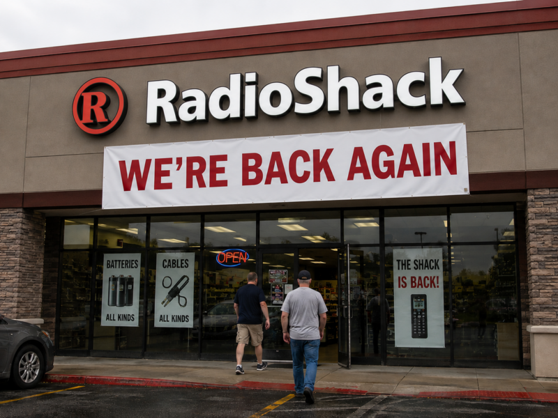 A reopened RadioShack storefront with a large We Are Back Again banner and customers walking inside.