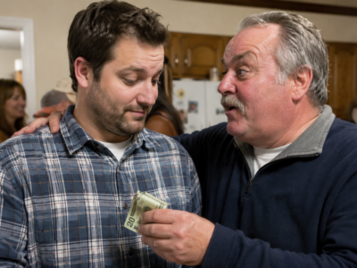 An older uncle handing a folded twenty dollar bill to a grown nephew during a family gathering.