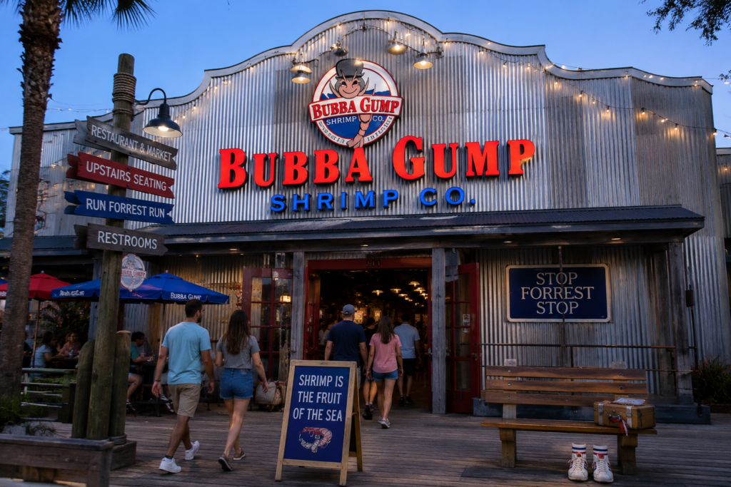 A Bubba Gump Shrimp Co. restaurant storefront with red signage, boardwalk seating, and customers walking inside.