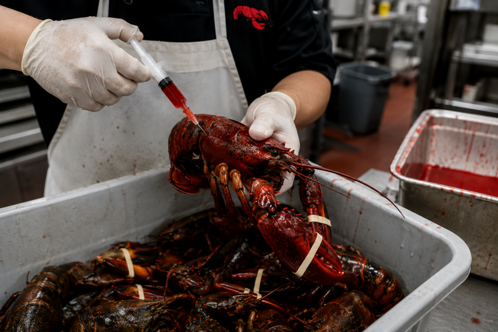 A kitchen worker using a syringe filled with red liquid on a lobster in a restaurant prep area.