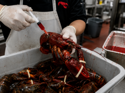 A kitchen worker using a syringe filled with red liquid on a lobster in a restaurant prep area.