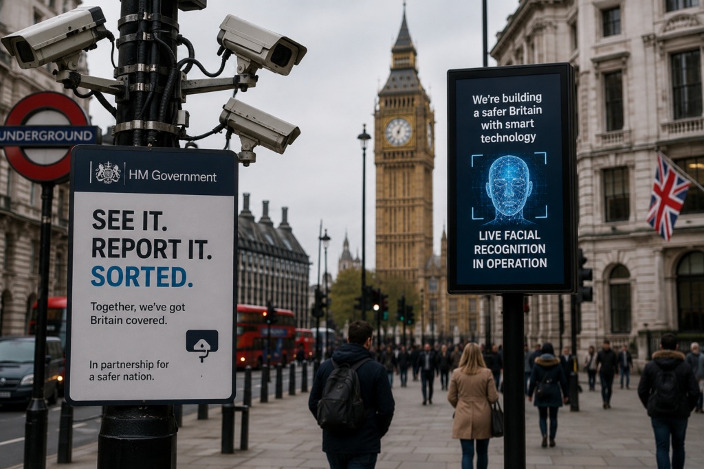 A London street with CCTV cameras and UK government surveillance posters near Big Ben.