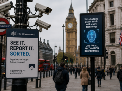 A London street with CCTV cameras and UK government surveillance posters near Big Ben.