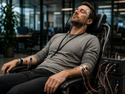 An office worker reclining in a chair with sensors and cables attached as if powering AI server equipment.