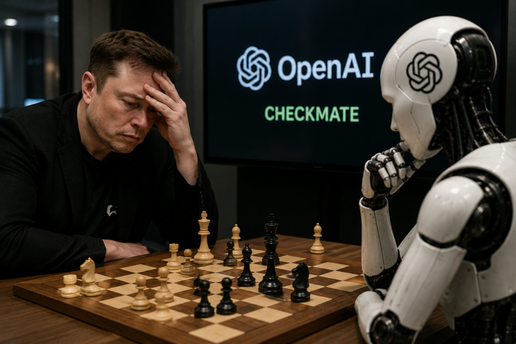 Elon Musk looking frustrated across a chessboard from a robot opponent with an OpenAI checkmate screen behind them.