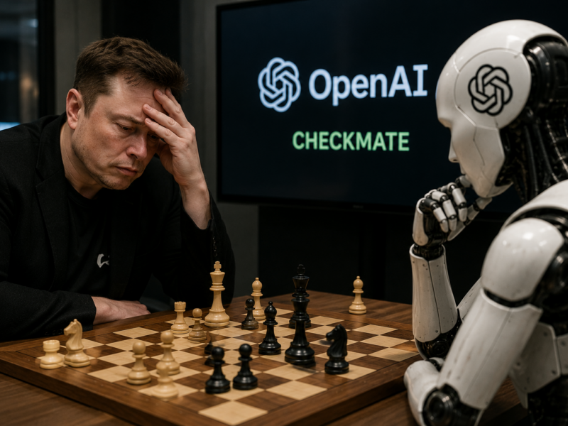 Elon Musk looking frustrated across a chessboard from a robot opponent with an OpenAI checkmate screen behind them.