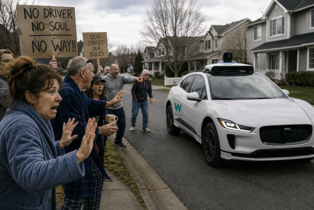 Residents holding protest signs as a driverless car passes through a suburban neighborhood.