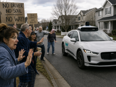 Residents holding protest signs as a driverless car passes through a suburban neighborhood.