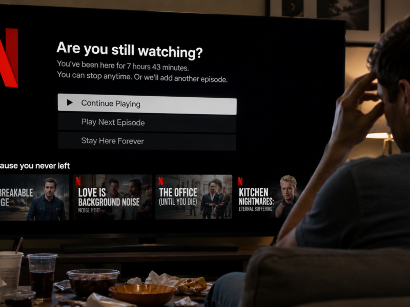 A tired viewer facing a Netflix still-watching screen after a long streaming session.