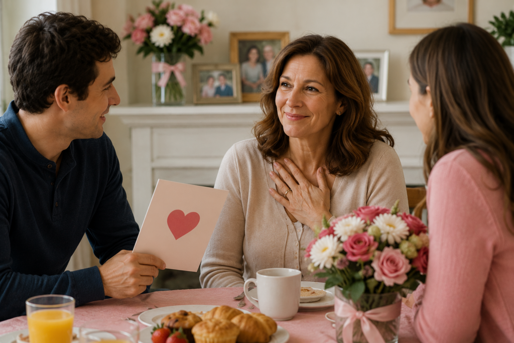 A mother smiling at a Mother's Day brunch while her adult children hold a card and flowers.