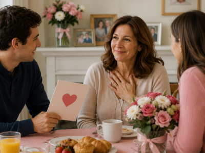 A mother smiling at a Mother's Day brunch while her adult children hold a card and flowers.