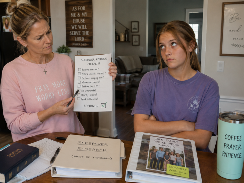 A Christian mother holding a sleepover approval checklist while her teenage daughter rolls her eyes at the kitchen table.