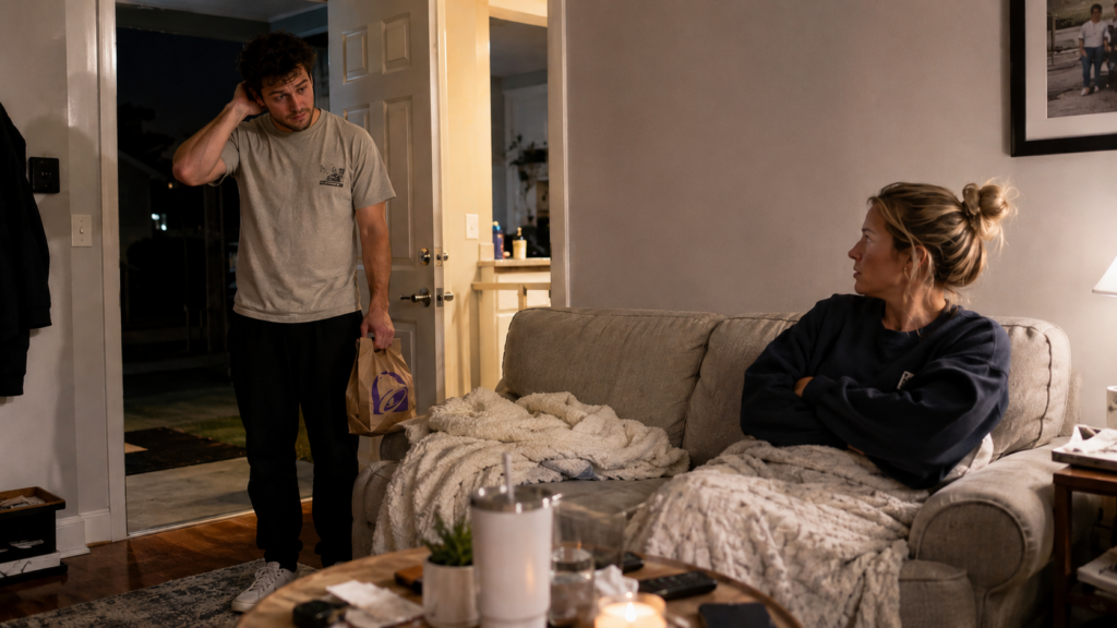 A nervous boyfriend returning home late with a fast food bag while his girlfriend waits on the couch.