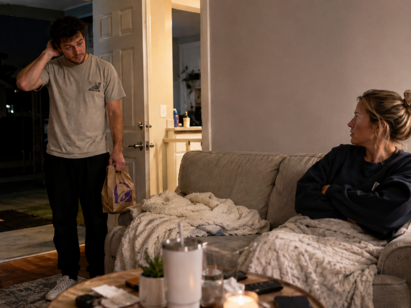 A nervous boyfriend returning home late with a fast food bag while his girlfriend waits on the couch.