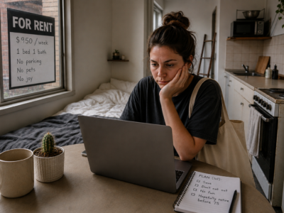A renter reviewing listings in a small apartment with a sign advertising high weekly rent and no joy.