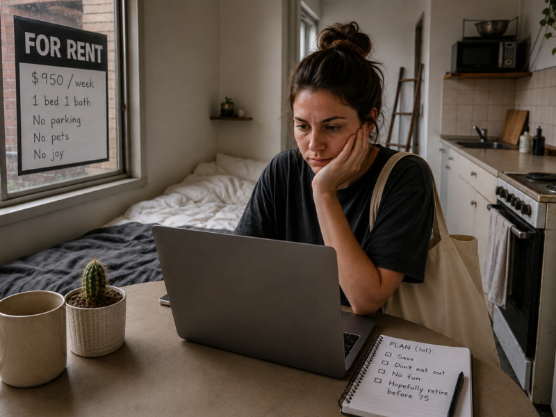 A renter reviewing listings in a small apartment with a sign advertising high weekly rent and no joy.