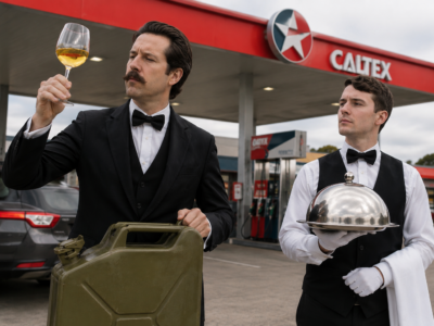 A fuel sommelier inspecting petrol in a wine glass outside a Caltex station while an attendant holds a serving tray.