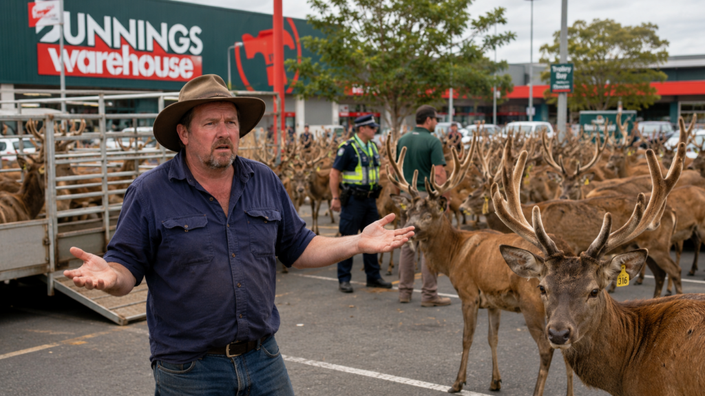 A confused Queensland man standing beside hundreds of deer in a Bunnings car park after a Gumtree misunderstanding.