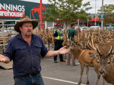 A confused Queensland man standing beside hundreds of deer in a Bunnings car park after a Gumtree misunderstanding.