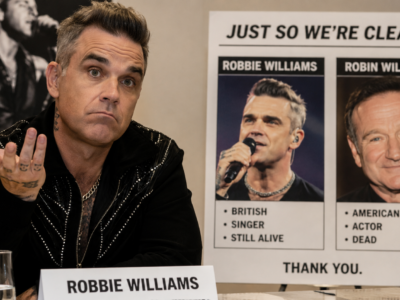 Robbie Williams sitting beside a clarification poster comparing Robbie Williams with Robin Williams.
