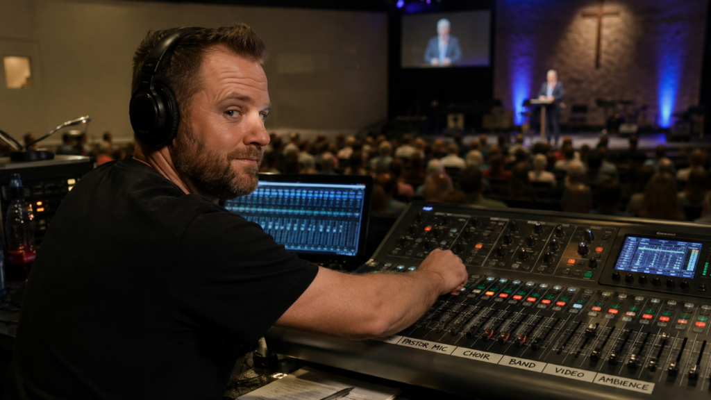 A church sound technician at a large mixing console while a pastor speaks on stage in the background.