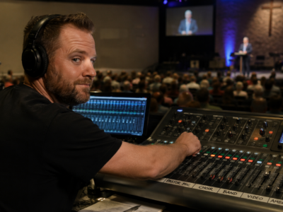 A church sound technician at a large mixing console while a pastor speaks on stage in the background.