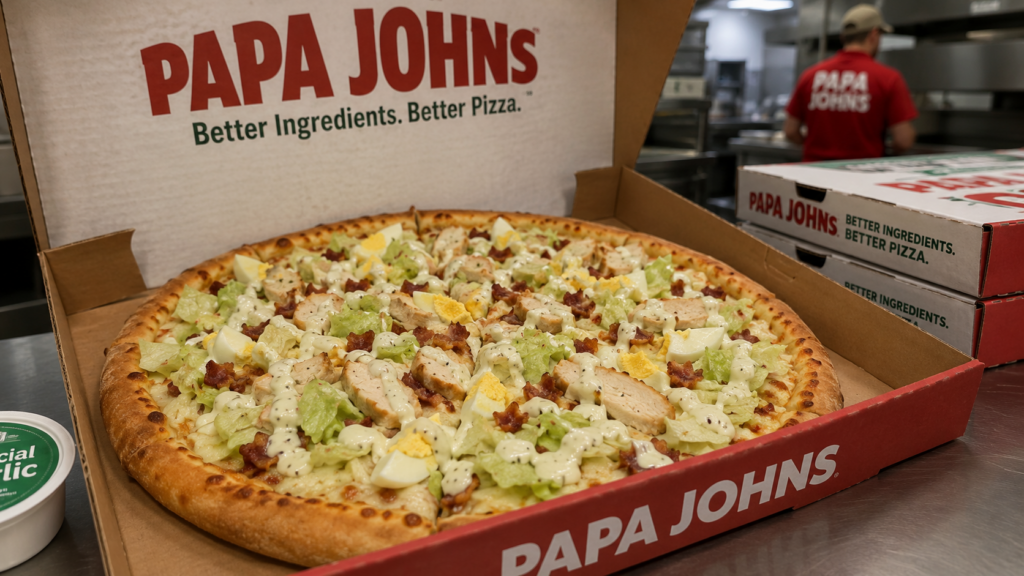 A Papa Johns pizza topped with lettuce, chicken, hard-boiled eggs, and dressing inside a branded pizza box.