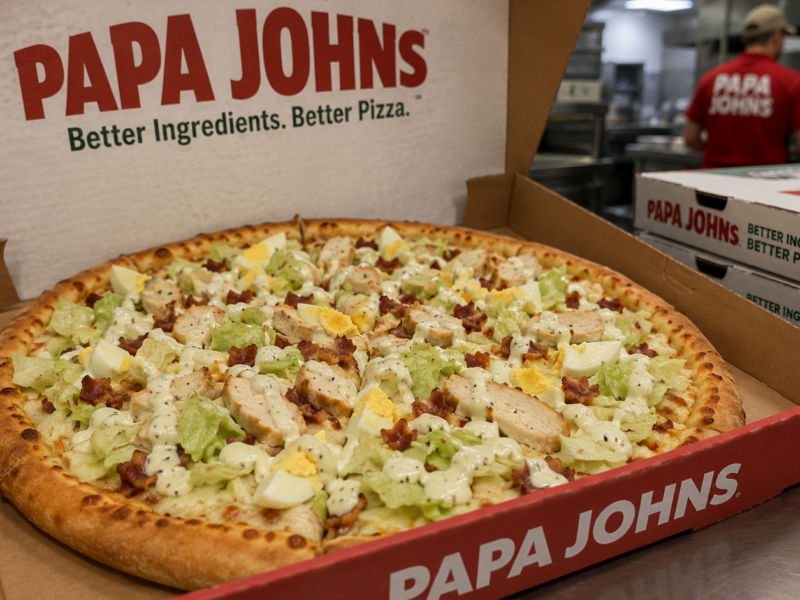 A Papa Johns pizza topped with lettuce, chicken, hard-boiled eggs, and dressing inside a branded pizza box.