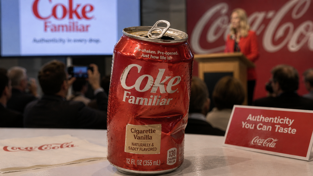 A dented can of Coke Familiar displayed at a Coca-Cola product presentation with a speaker in the background.