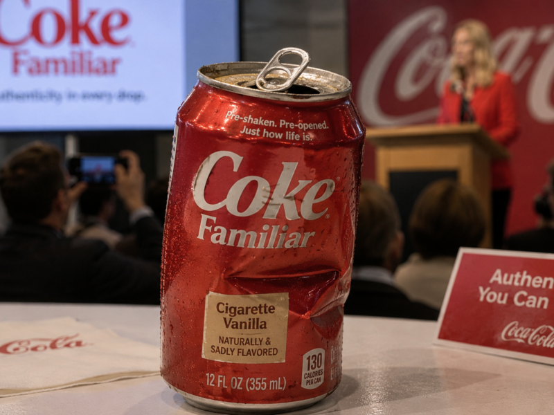A dented can of Coke Familiar displayed at a Coca-Cola product presentation with a speaker in the background.