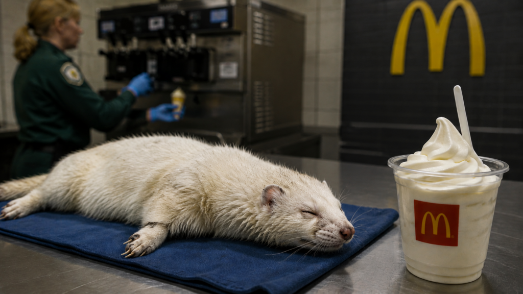 A pale stoat resting on a counter beside a McDonald's vanilla soft serve cup while a wildlife official inspects the machine.