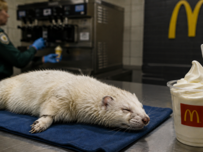 A pale stoat resting on a counter beside a McDonald's vanilla soft serve cup while a wildlife official inspects the machine.