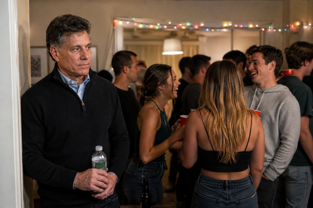 A stern executive holding a water bottle while younger party guests laugh in the background