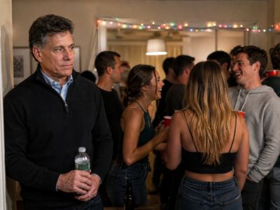A stern executive holding a water bottle while younger party guests laugh in the background
