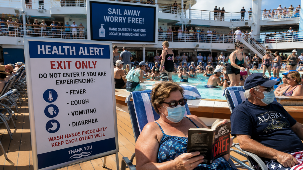 Cruise ship pool deck with a health alert sign and masked passengers beside a crowded pool