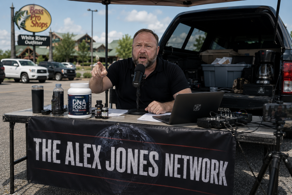 Alex Jones broadcasting from a folding table in a Bass Pro Shops parking lot with supplements and recording equipment