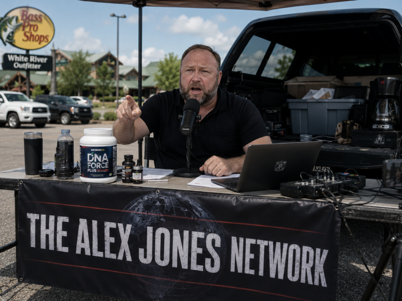 Alex Jones broadcasting from a folding table in a Bass Pro Shops parking lot with supplements and recording equipment