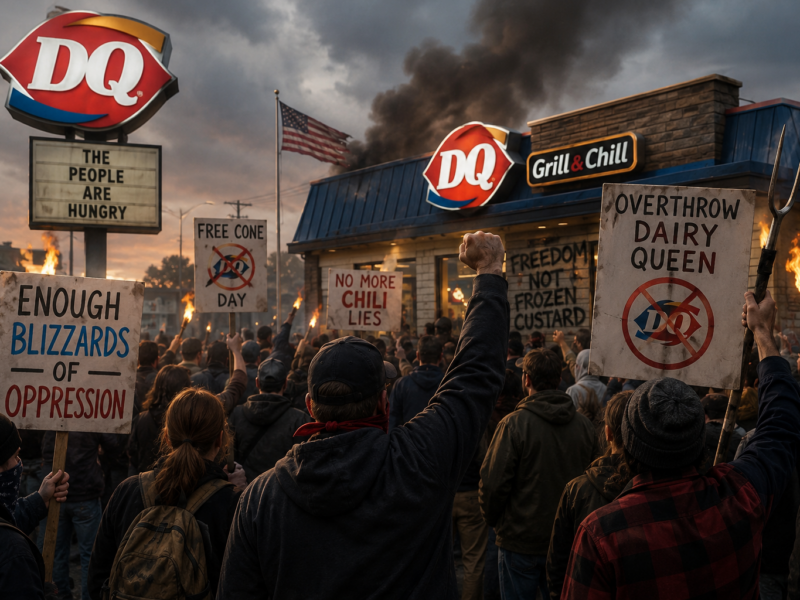 A crowd of protesters holding signs outside a Dairy Queen restaurant under smoky skies