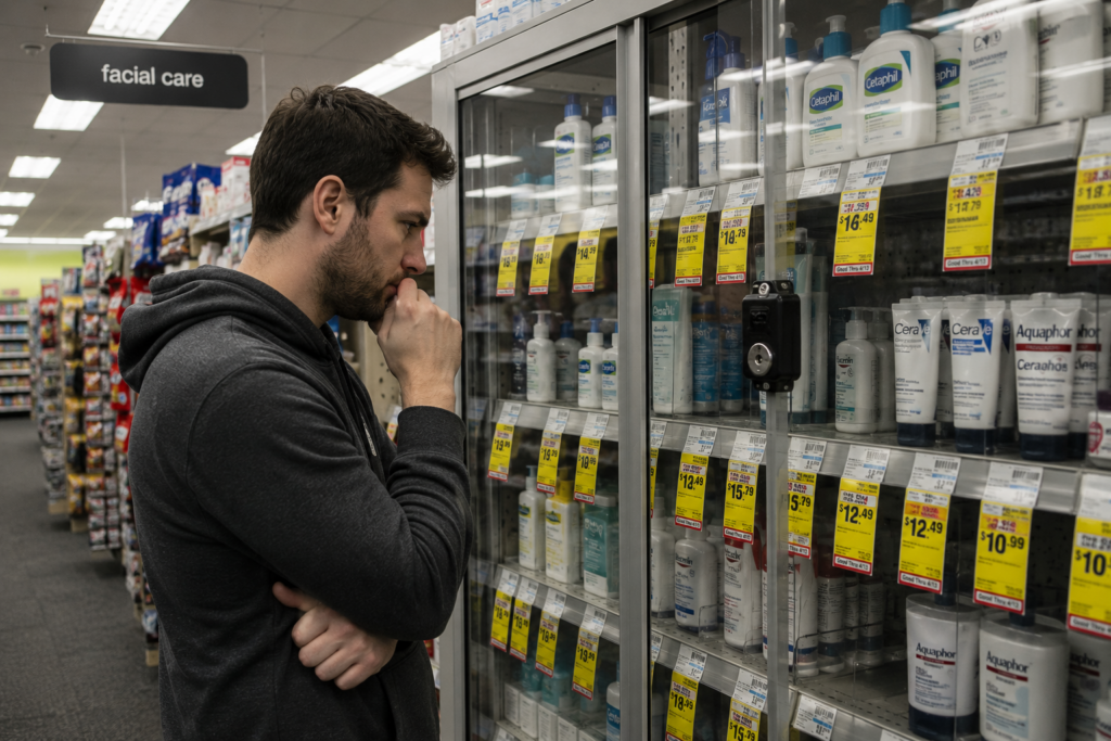 A man looking at locked skincare products behind glass in a drugstore aisle