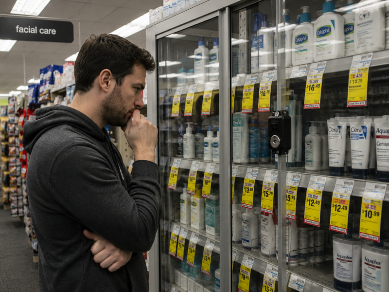 A man looking at locked skincare products behind glass in a drugstore aisle