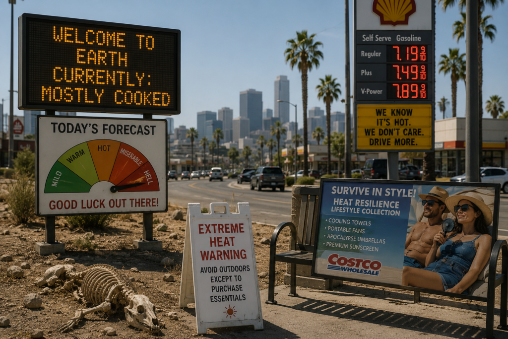 Heat warning signs and a gas station price board on an overheated city street