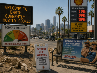 Heat warning signs and a gas station price board on an overheated city street