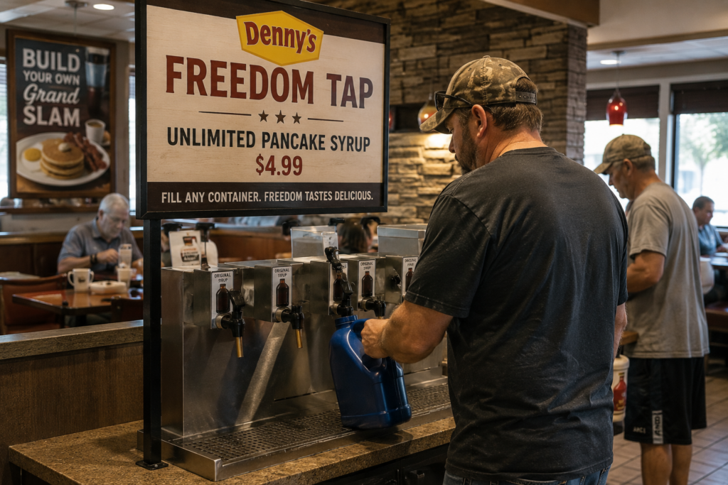 A customer filling a large container at a Dennys Freedom Tap syrup station