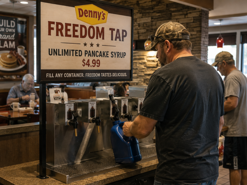 A customer filling a large container at a Dennys Freedom Tap syrup station