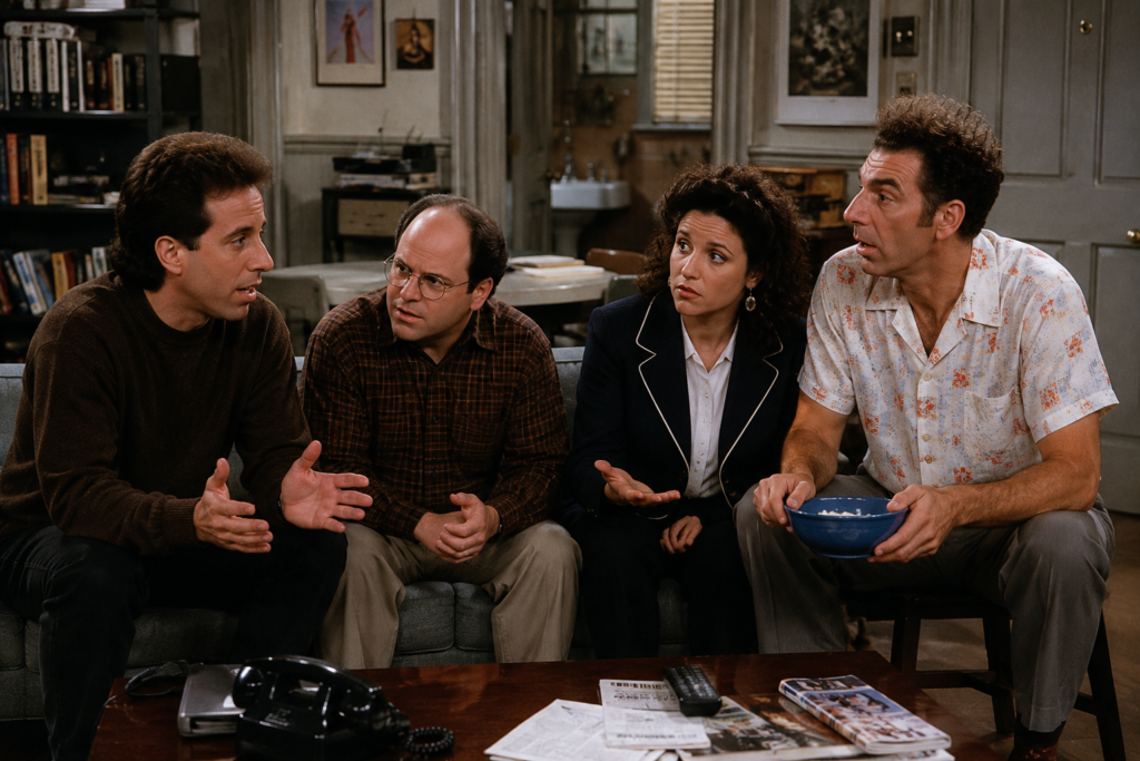 The Seinfeld cast sitting together in Jerrys apartment during a tense conversation
