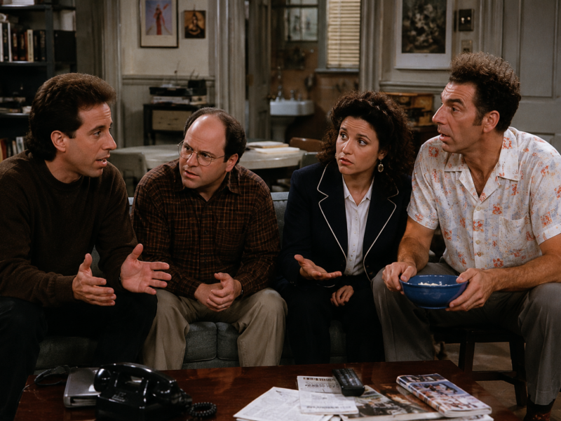 The Seinfeld cast sitting together in Jerrys apartment during a tense conversation