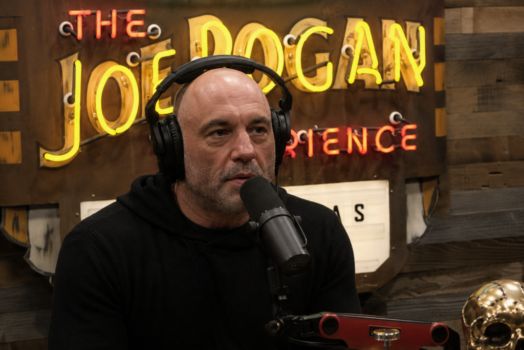 Joe Rogan speaking into a podcast microphone in front of The Joe Rogan Experience sign
