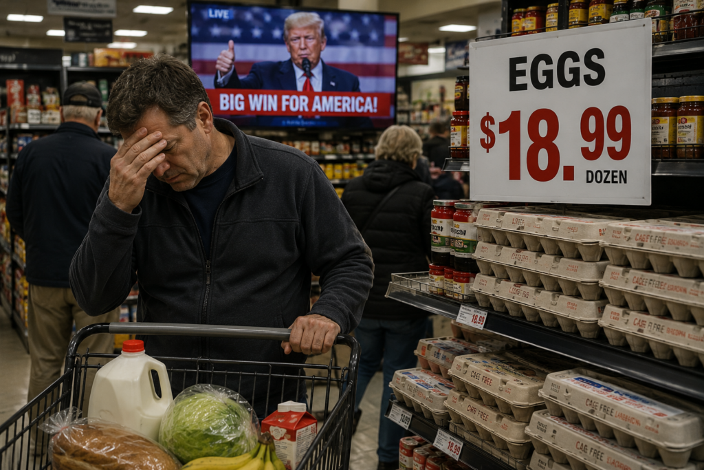 A grocery shopper reacting to expensive eggs while President Donald Trump appears on a television in the background