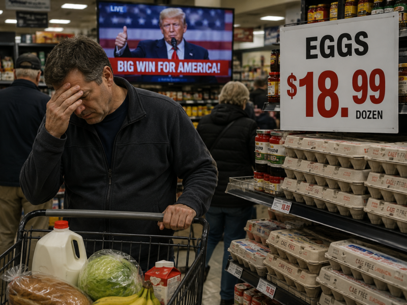 A grocery shopper reacting to expensive eggs while President Donald Trump appears on a television in the background
