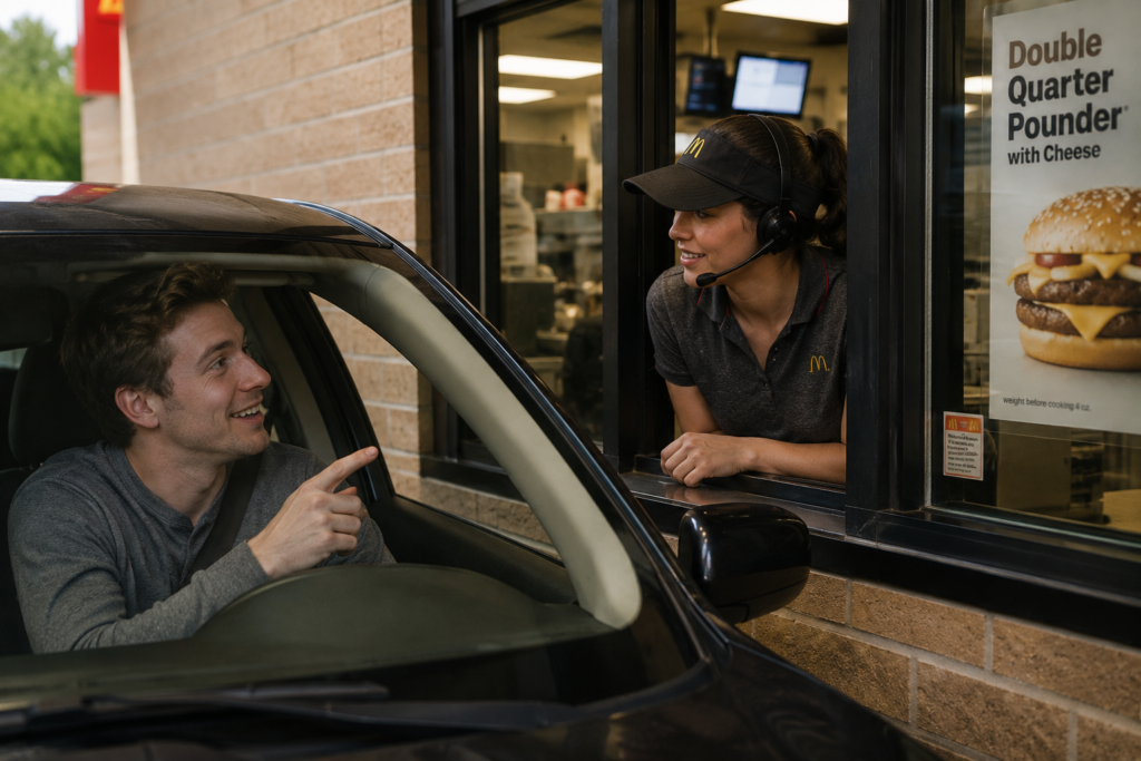 A smiling drive thru customer talking to a McDonalds worker at the window